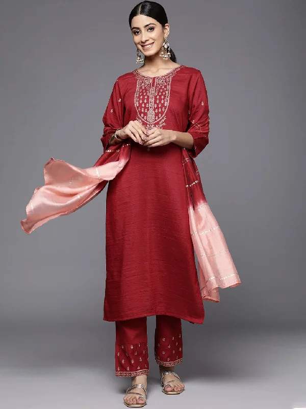 Varanga Maroon Embroidered Kurta With Embroidered Trouser And Ombre Dupatta