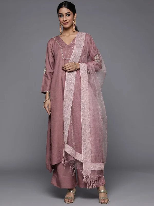 Varanga Women Mauve Embroidered A-Line Kurta With Palazzo And Dupatta