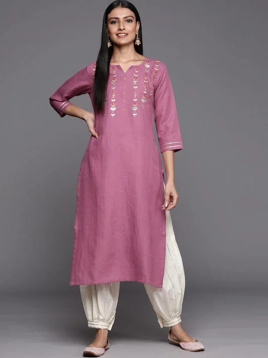 Mauve Embroidered Straight Kurta With Round Neck