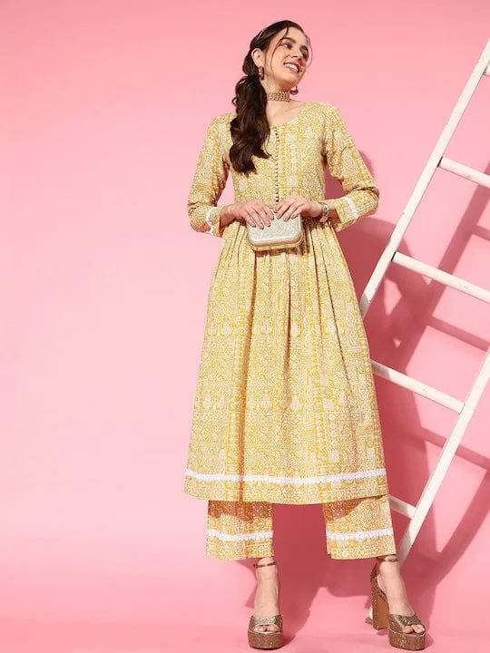 Varanga Mustard Women Ethnic Motifs Printed Empire Pure Cotton Round Neck Kurta with Trousers