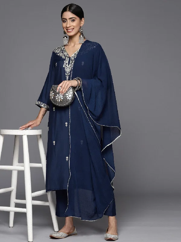 Varanga Navy Blue Floral Embroidered Regular Thread Work Kurta With Trousers & With Dupatta