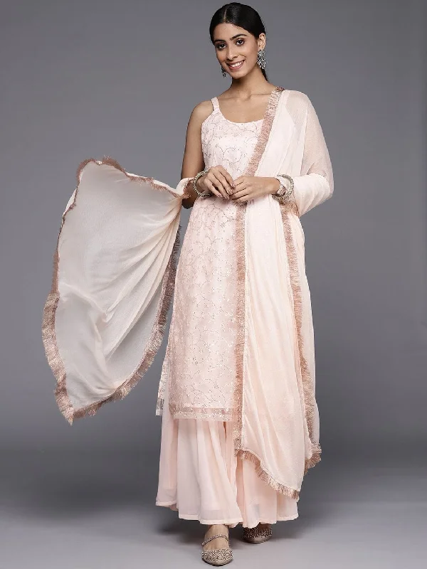 Varanga Women peach embroidered kurta paired with tonal sharara and dupatta