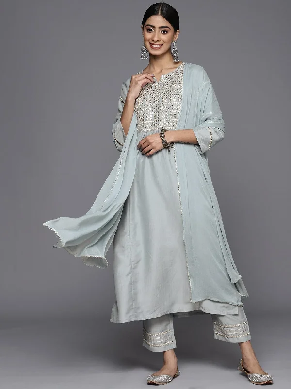 Varanga Powder Blue Embroidered Empire Mirror Work Kurta With Trousers & With Dupatta