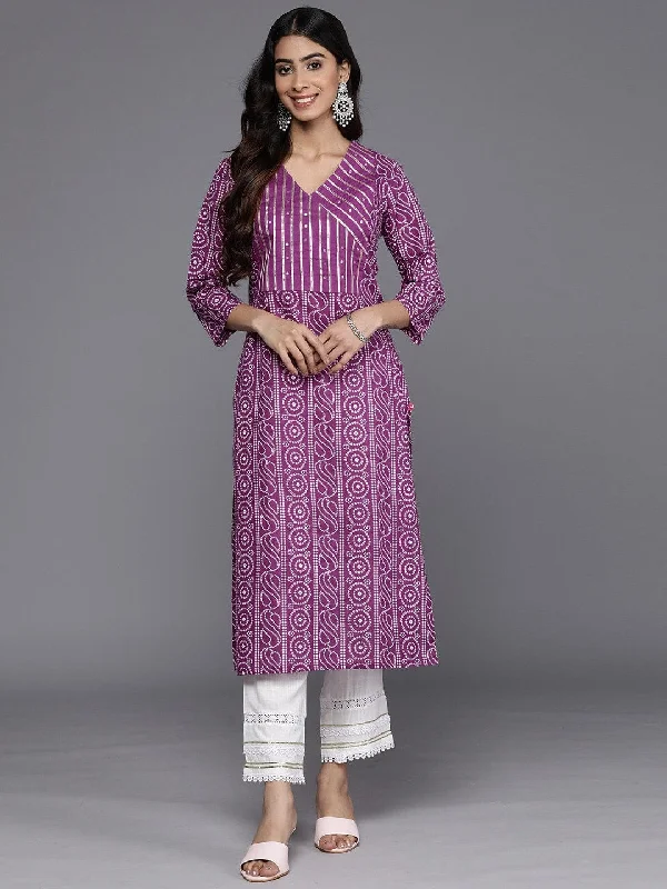 Varanga Purple And White Bandhani Printed Gotta Patti Pure Cotton Kurta