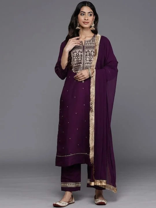 varanga purple floral yoke design regular round neck kurta with trousers with dupatta