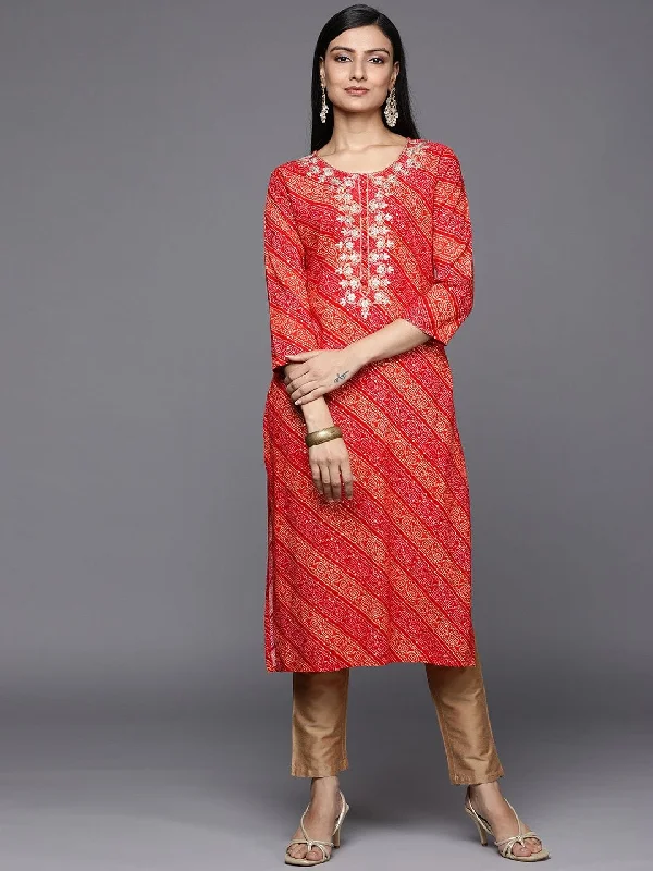 red and orange bandhani printed kurta with embroidered yoke