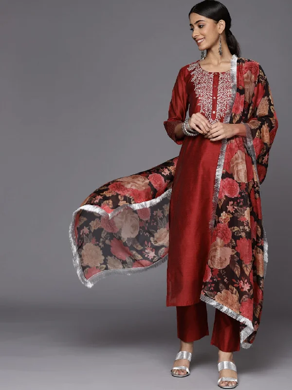 Varanga Women Red Embroidered Kurta With Tonal Trouser And Printed Dupattta