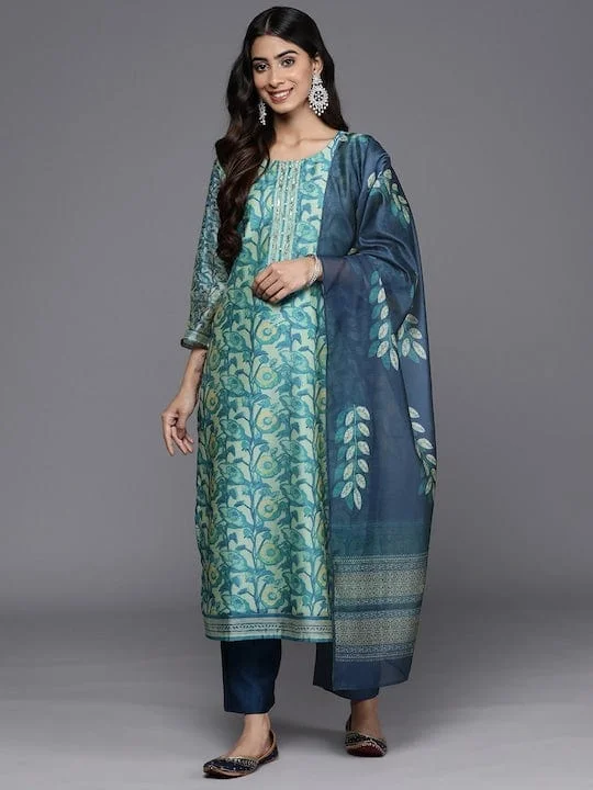 Varanga Sea Green Floral Printed Regular Sequinned Kurta With Trousers With Dupatta