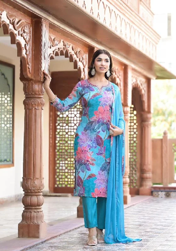 Varanga Turquiose Blue Floral Printed Round Neck Mirror Embroidered Straight Kurta Set With Dupatta