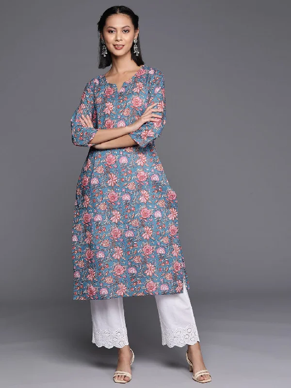 Varanga turquoise blue and pink Women Floral Printed Cotton Kurta