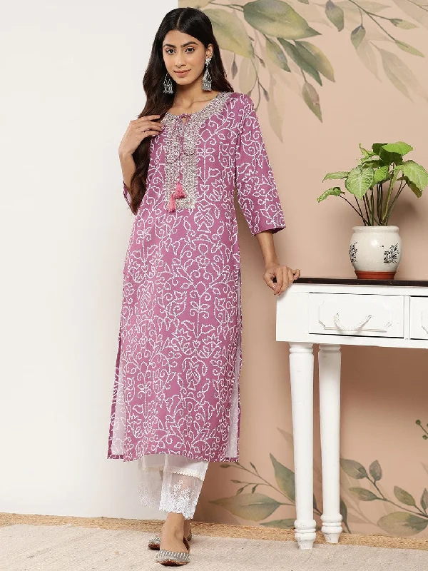 Varanga Women Bandhani Embroidered Tie-Up Neck Mirror Work Cotton Kurta