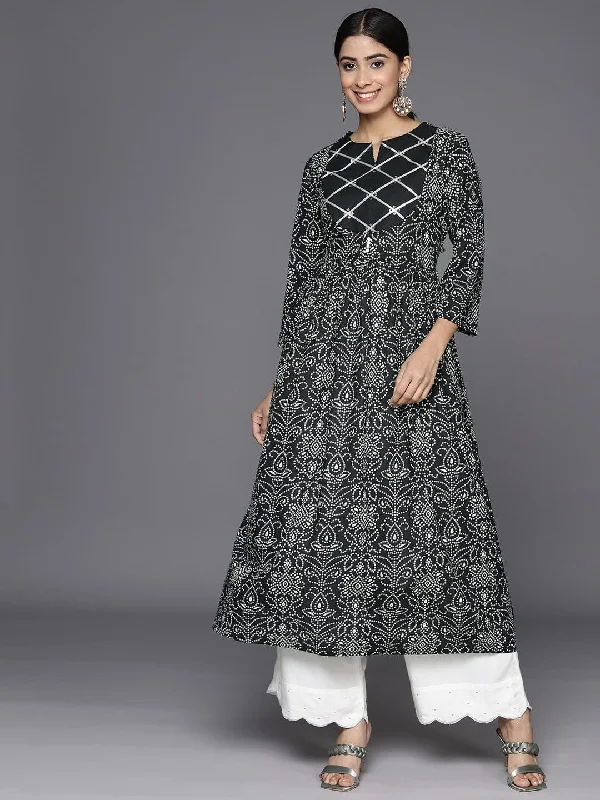 Varanga Women Bandhani Printed Sequinned Black And White Anarkali Kurta