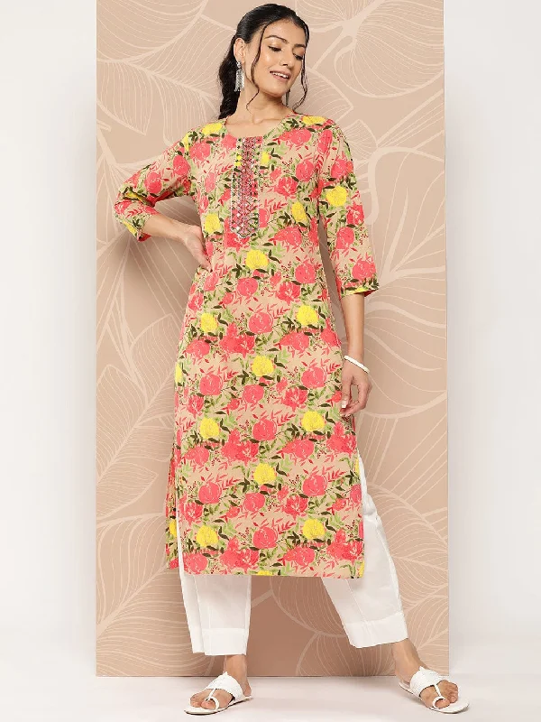 Varanga Women Beige & Pink Floral Printed Floral Kurta