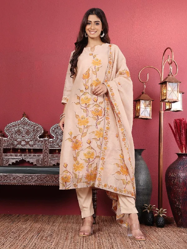 Varanga Women Beige Pure Hand Kantha Embroidered Kurta Set with Dupatta