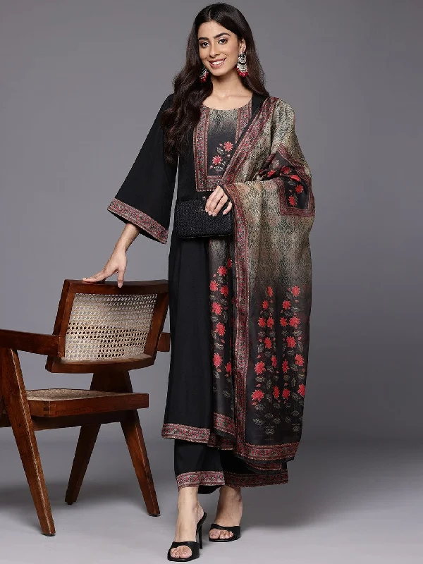 Varanga Women Black Floral Printed Embellished Anarkali Kurta Paired With Bottom And Printed Dupatta