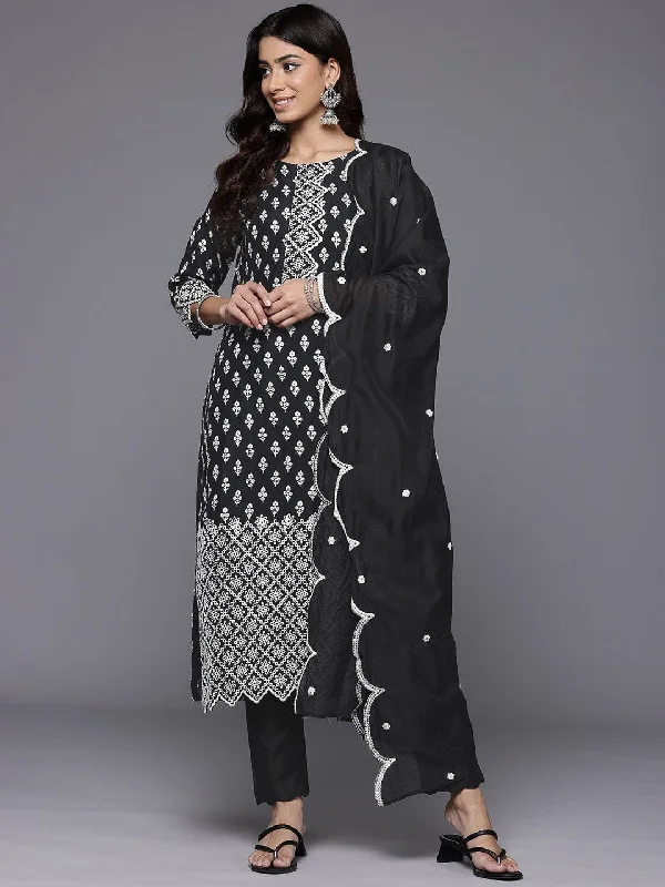 Varanga Women Black  Printed Shiffly Work  Kurta With Bottom And Dupatta