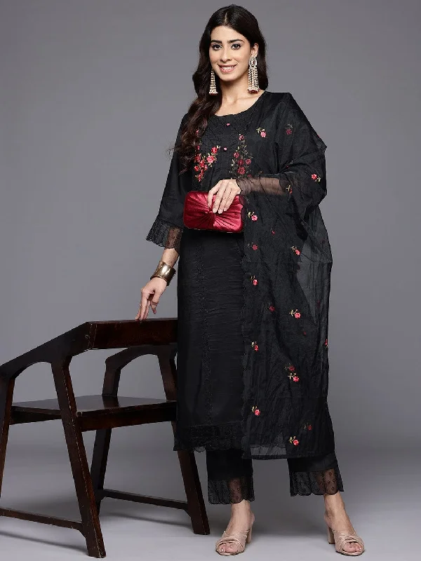 Varanga Women Black Round Neck Embroidered Kurta With Tonal Bottom And Organza Embroidered Dupatta