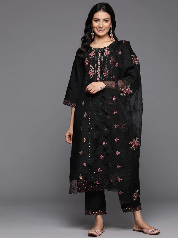 Varanga Women Black Round Neck Embroidered Kurta With Tonal Laced Bottom And Embroidered Dupatta