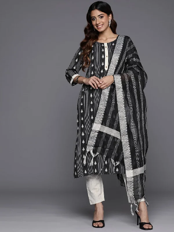 Varanga Women Black Round Neck Woven Design Kurta With Striped Bottom And Dupatta