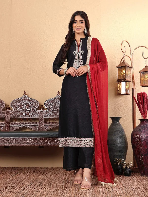 Varanga Women Black Zari Embroidered Kurta with Bottom and Dupatta