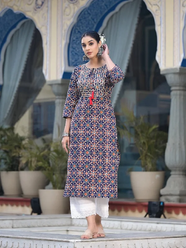 Varanga Women Blue And Beige Abstract Printed Kurta With Gota Work On Yoke And 3/4Th Sleeves