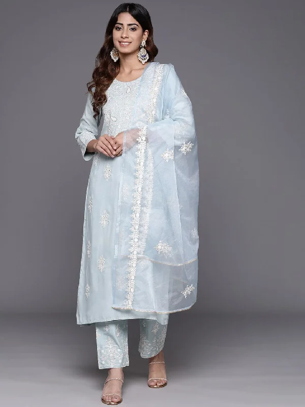 Varanga Women Blue Embroidered Kurta Paired With Tonal Trouser And Dupatta