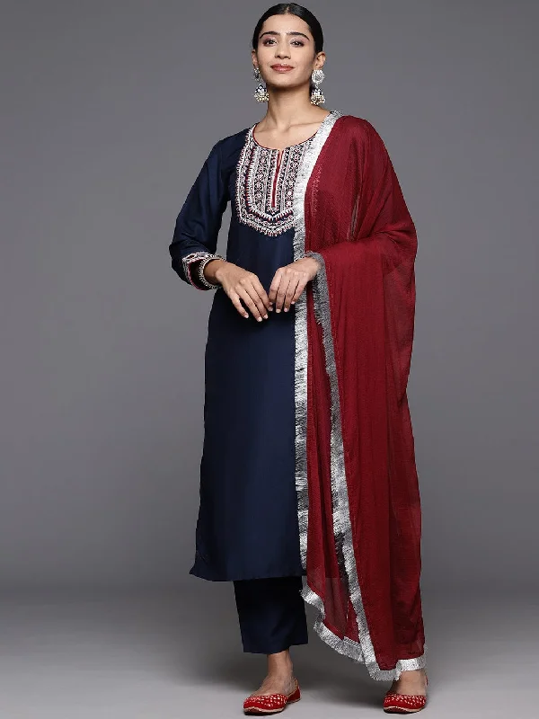 Varanga Women Blue Embroidered Straight Kurta With Bottom And Dupatta