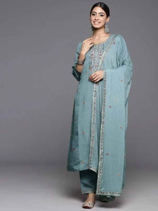 Varanga Women Blue Embroidered Straight Kurta With Bottom And Embroidered Dupatta