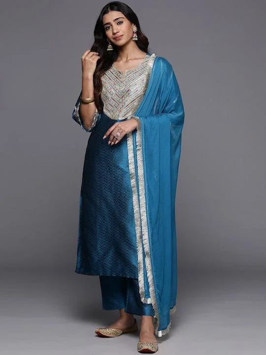 Varanga Women Blue Embroidered Yoke Straight Kurta With Bottom And Dupatta