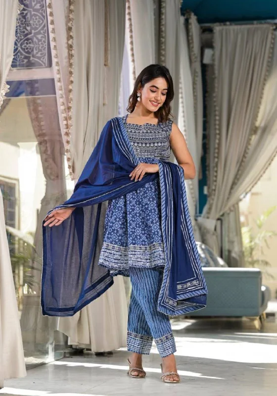 Varanga Women Blue Ethnic Printed With Embroidery, Flared Kurta With Trouser And Dupatta