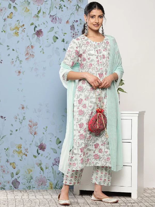 Varanga Women Blue Floral Printed Gotta Patti Pure Cotton Kurta with Trousers & With Dupatta