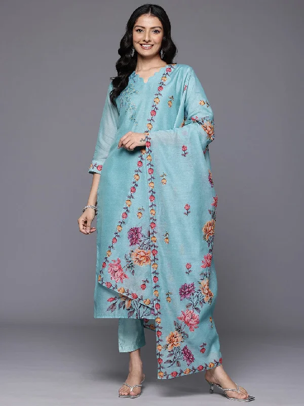 Varanga Women Blue Floral Printed Thread Embroidered Kurta  Paired With Bottom And Dupatta