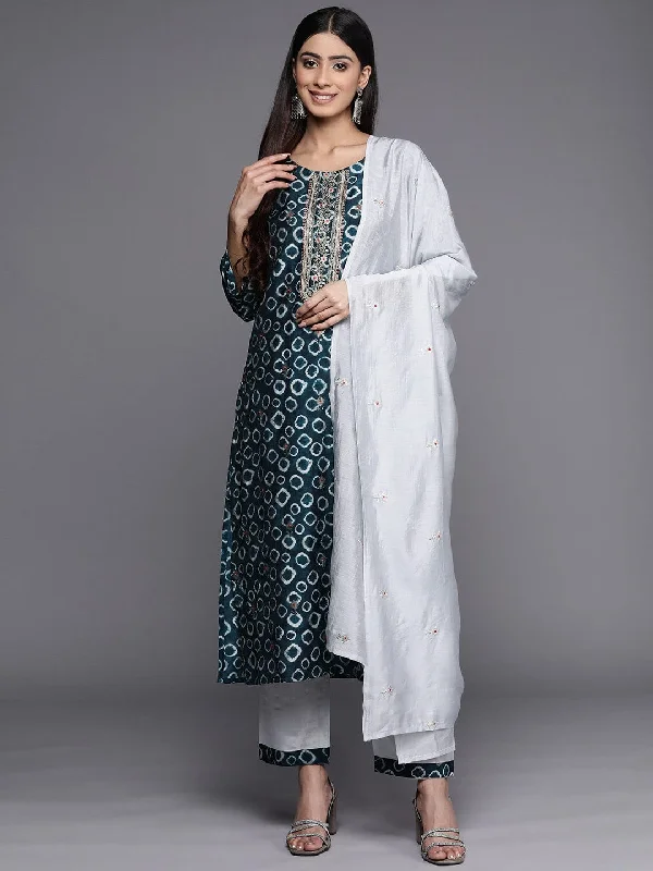 Varanga Women Blue Printed Kurta Paired With Contrast Bottom And Embroidered Dupatta