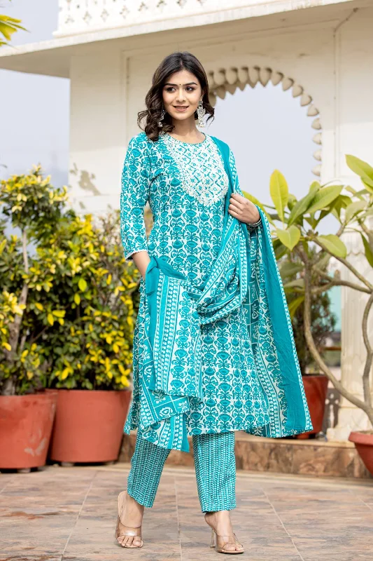 Varanga Women Blue Printed Round Neck Yoke  Embroidered Kurta Paired With Bottom And Dupatta