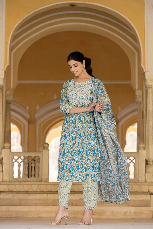 Varanga Women Blue Round Neck Floral Printed  Embroidered Kurta Paired With Bottom And  Dupatta