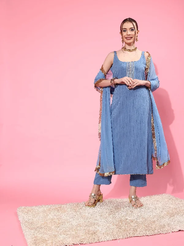 Varanga Women Blue Straight Kurta With Tonal Bottom & Dupatta