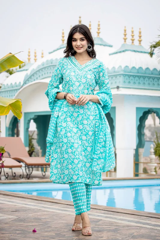 Varanga Women Blue V Neck Embroidered Kurta Paired With Printed Bottom And Dupatta