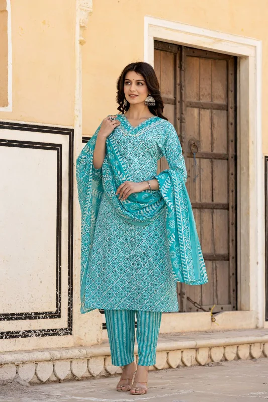 Varanga Women Blue V Neck Thread Embroidered Kurta Paired With Printed Bottom And Dupatta