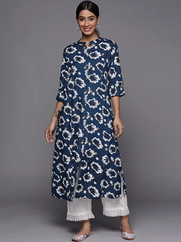 varanga women blue white quirky printed indie prints kurta