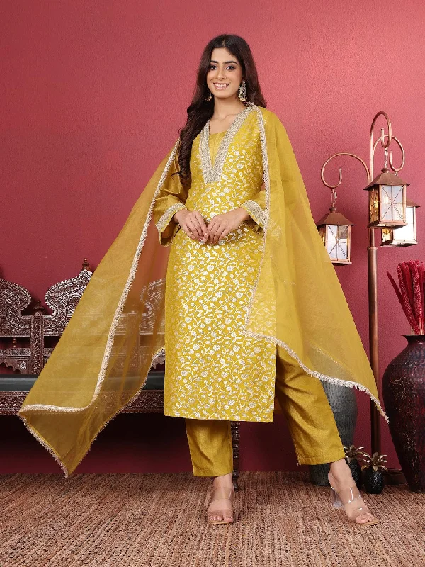 Varanga Women Brocade Embroidered Kurta with Tonal Bottom and Lace Detailed Dupatta