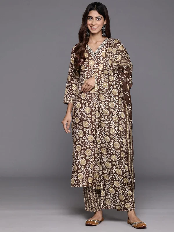 Varanga Women Brown Floral Printed Kurta Paired With Bottom & Dupatta