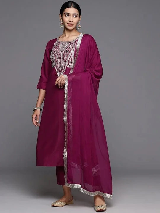 Varanga Women Burgundy Embroidered Kurta Paired With Tonal Bottom And Dupatta