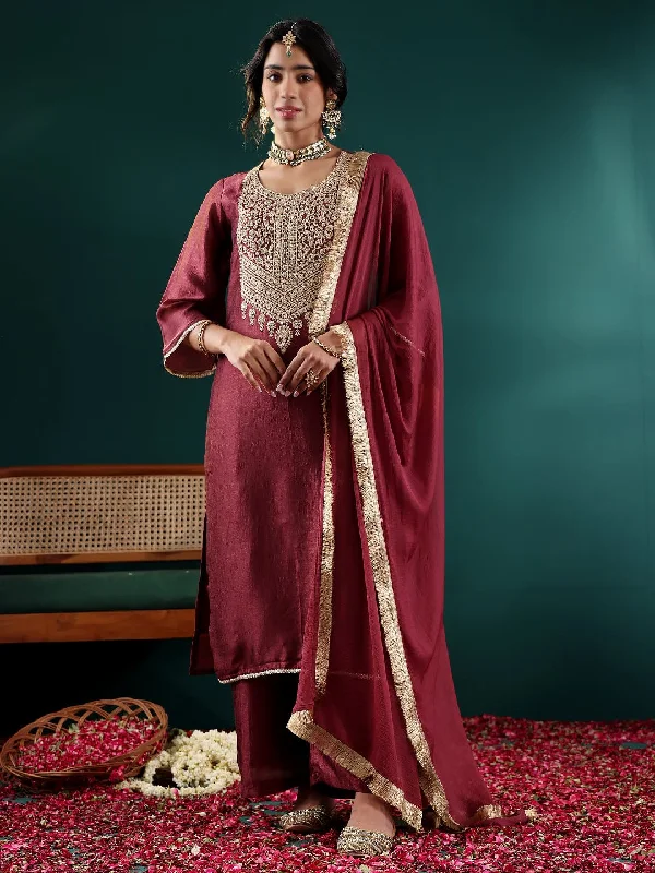 Varanga Women Burgundy Zari Embroidered Kurta With Bottom And Dupatta