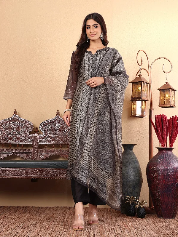 Varanga Women Chanderi Silk Geometric Printed Kurta Paired with Bottom and Dupatta