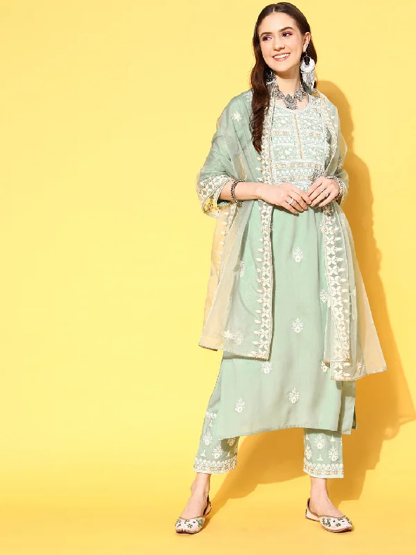 Varanga Women Ethnic Motifs Embroidered Thread Work Kurta with Trousers & With Dupatta