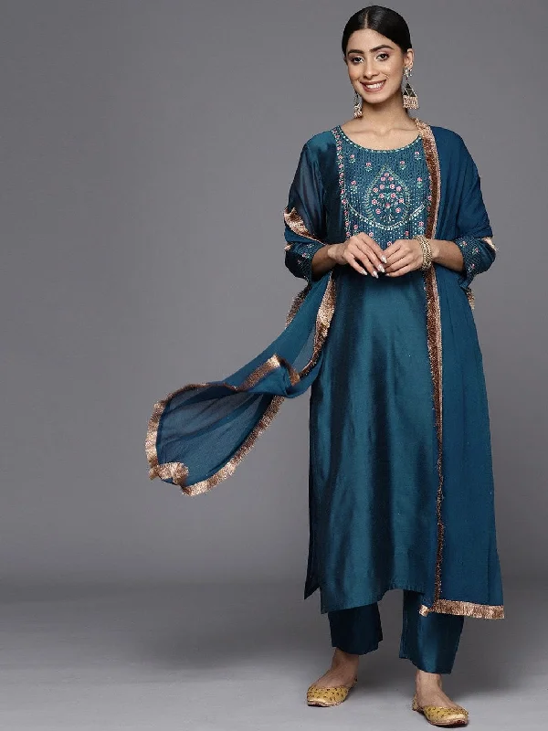 varanga women floral embroidered sequinned chanderi silk kurta with trousers with dupatta