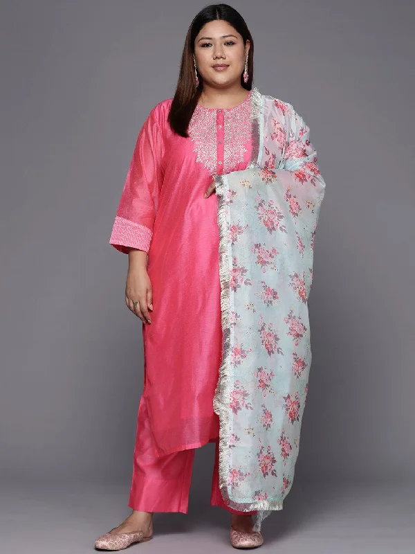 Varanga Women Plus Size Floral Yoke Design Sequinned Chanderi Silk Kurta with Trousers & Dupatta