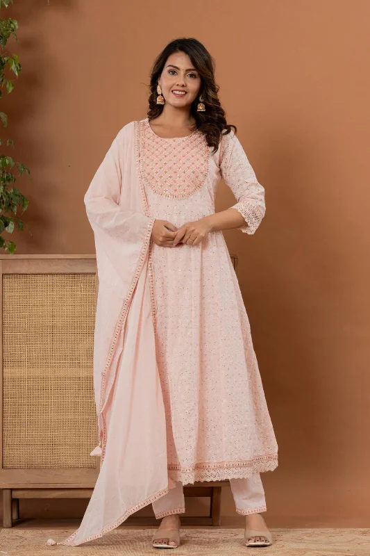 Varanga Women Foil Printed Embroidered Schiffli Anarkali Kurta Paired With Bottom And Dupatta