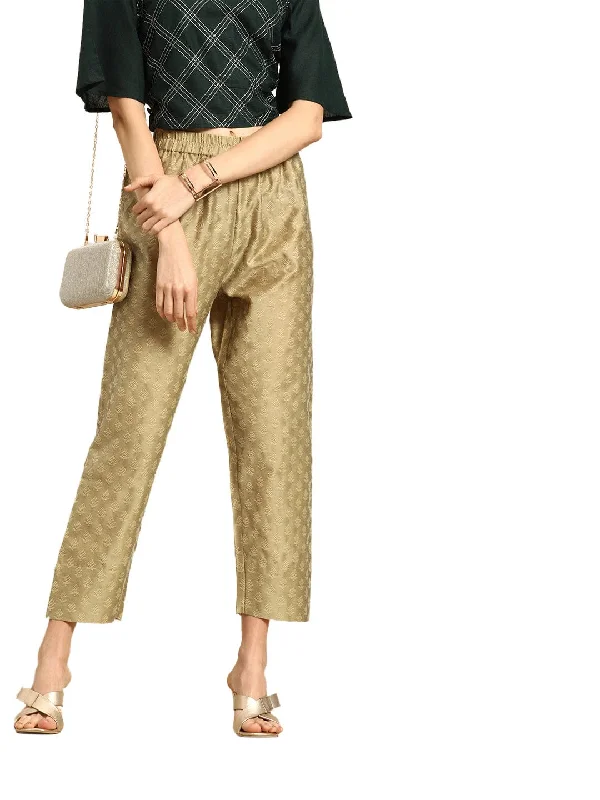 Varanga Women Golden & Beige Woven Design Cropped Trousers