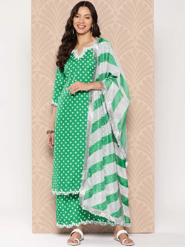 Varanga Women Green Bandhani Printed Neck Embroidered Straight Kurta With Bottom And Dupatta